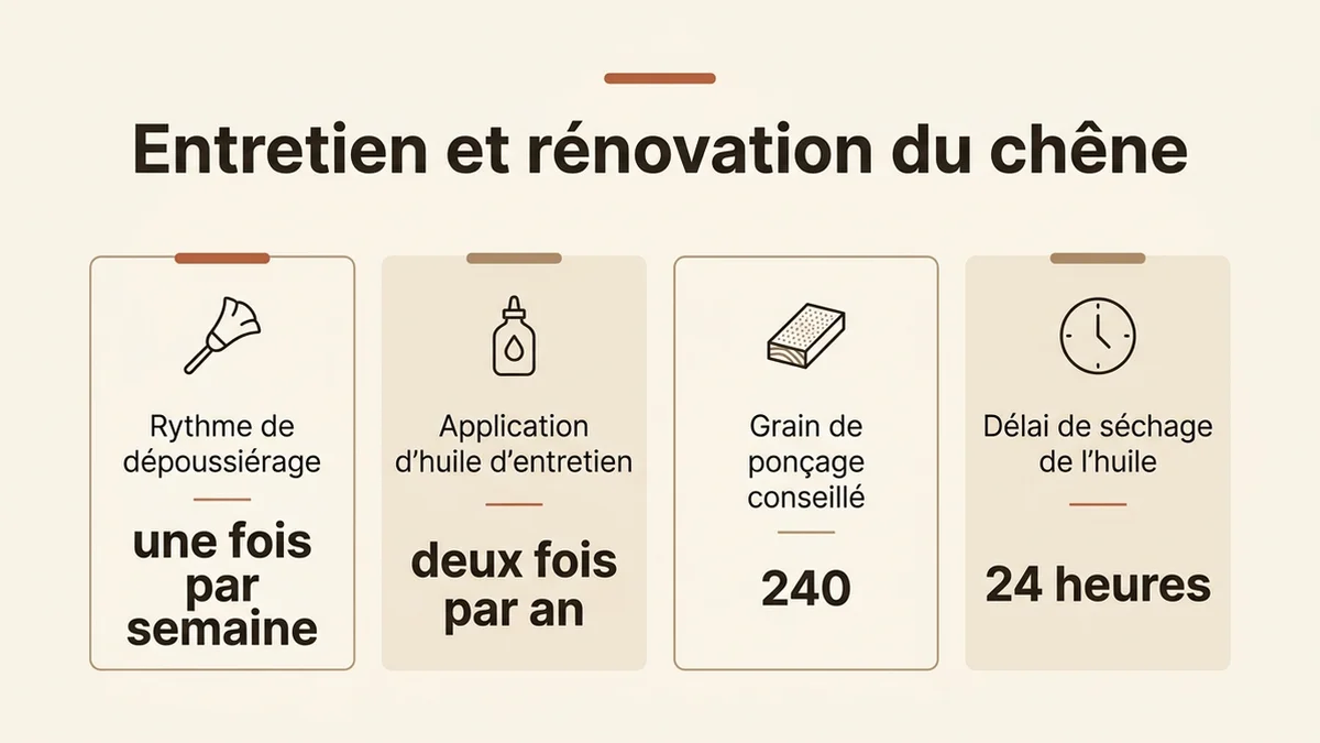 Entretien et rénovation du chêne : Rythme de dépoussiérage, une fois par semaine ; Application d'huile d'entretien, deux fois par an ; Grain de ponçage conseillé, 240 ; Délai de séchage de l'huile, 24 heures
