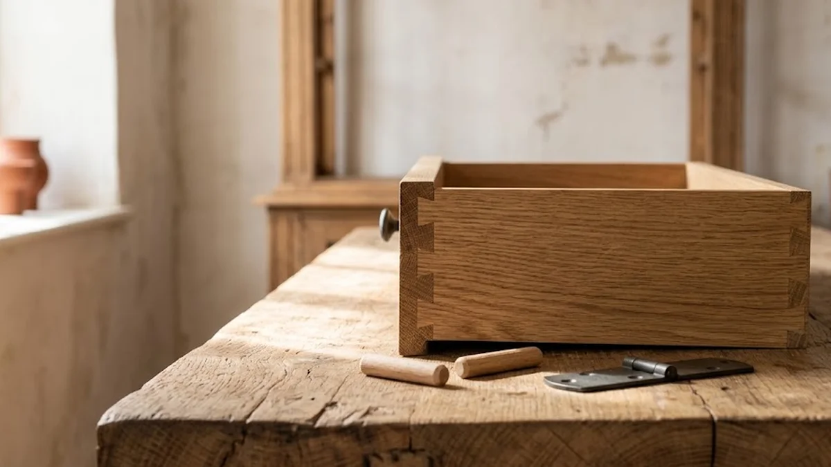 Tiroir en chêne aux assemblages visibles, posé près de tourillons et d'une charnière métallique sur un établi en bois lors d'un diagnostic de meuble.