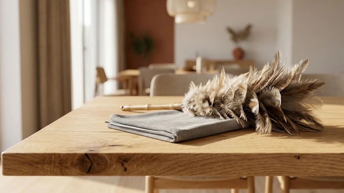 Chiffon microfibre gris et plumeau en plumes naturelles posés sur le plateau veiné d'une table en chêne massif, dans une lumière douce.