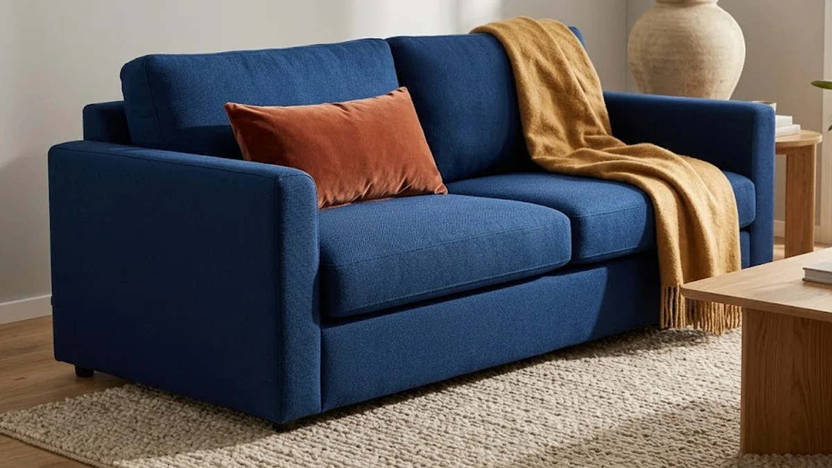 Canapé deux places bleu cobalt orné d'un coussin rouille et d'un plaid ocre sur un tapis beige, devant un arrière-plan flou.