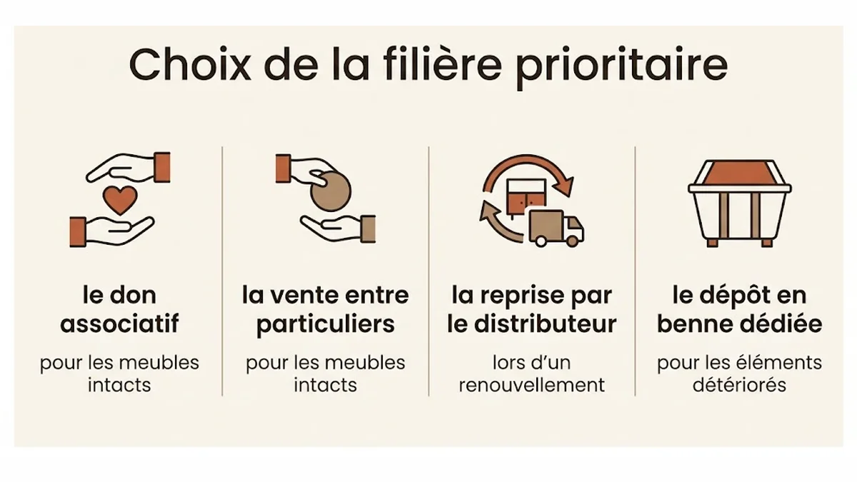Choix de la filière prioritaire : le don associatif, pour les meubles intacts ; la vente entre particuliers, pour les meubles intacts ; la reprise par le distributeur, lors d'un renouvellement ; le dépôt en benne dédiée, pour les éléments détériorés