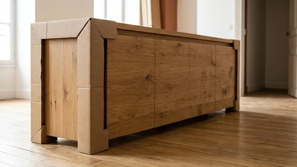 Buffet bas en chêne massif muni de cornières protectrices en carton kraft, posé sur un parquet ancien dans une entrée.