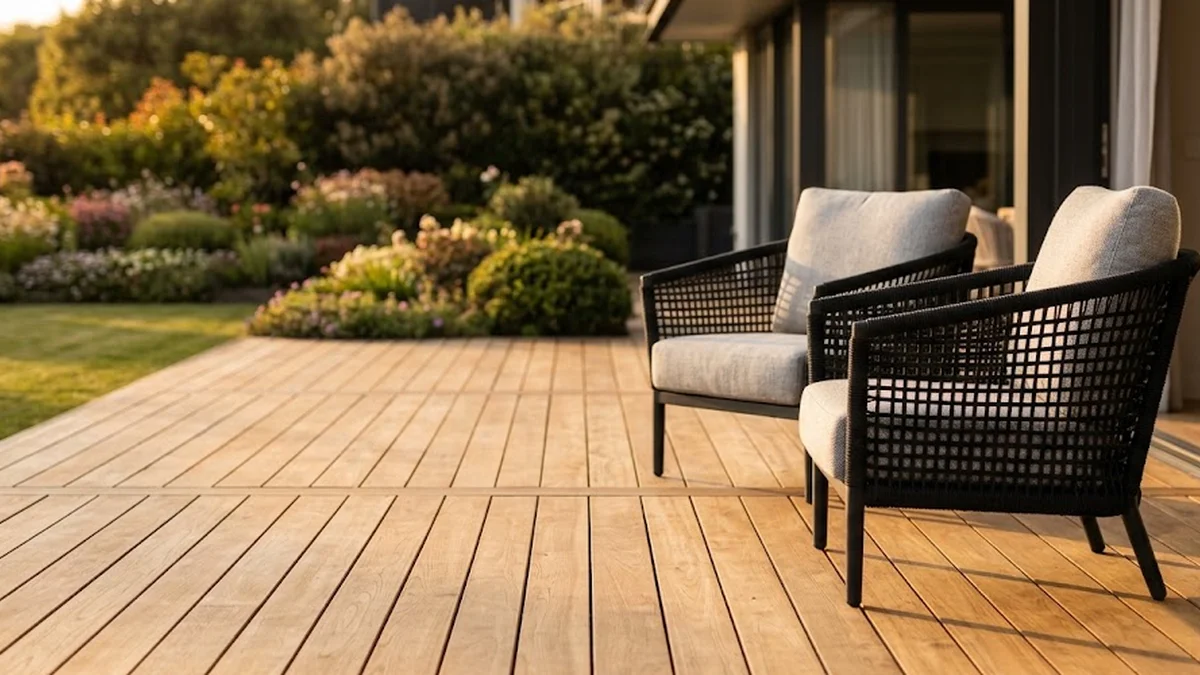 Deux fauteuils d'extérieur en résine tressée noire avec coussins gris posés sur une terrasse en bois, devant un jardin verdoyant flou.