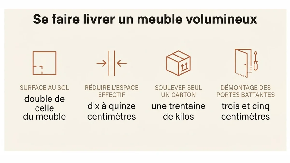 Se faire livrer un meuble volumineux : surface au sol, double de celle du meuble ; réduire l'espace effectif, dix à quinze centimètres ; soulever seul un carton, une trentaine de kilos ; démontage des portes battantes, trois et cinq centimètres