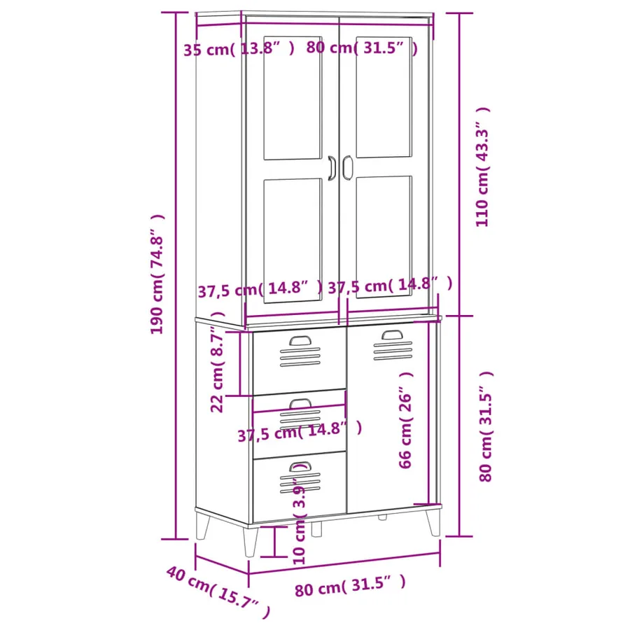 Buffet VIKEN noir 80x40x190 cm bois massif de pin - 12