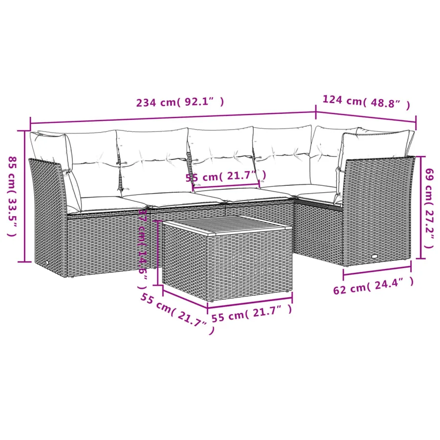 Salon de jardin 6 pcs avec coussins gris résine tressée - 3