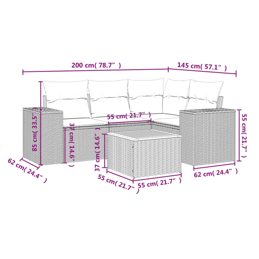 Salon de jardin 5 pcs avec coussins gris résine tressée - 3