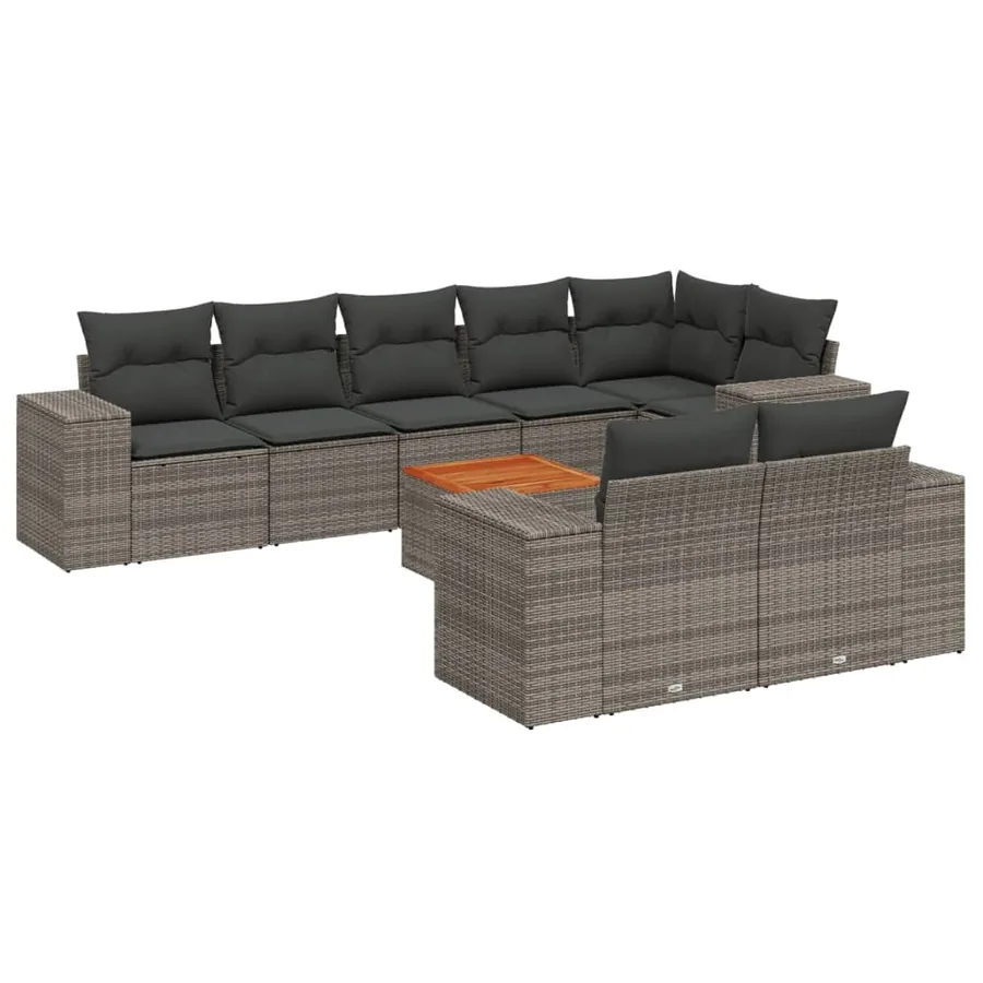 Salon de jardin 9 pcs avec coussins gris résine tressée - 2