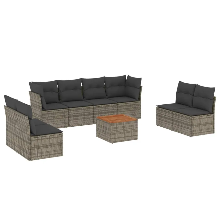 Salon de jardin 9 pcs avec coussins gris résine tressée - 2