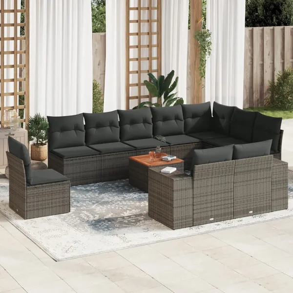 Salon de jardin 11 pcs avec coussins gris résine tressée