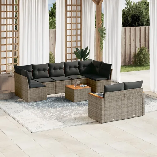 Salon de jardin avec coussins 10 pcs gris résine tressée