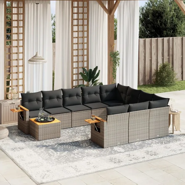 Salon de jardin 11 pcs avec coussins gris résine tressée