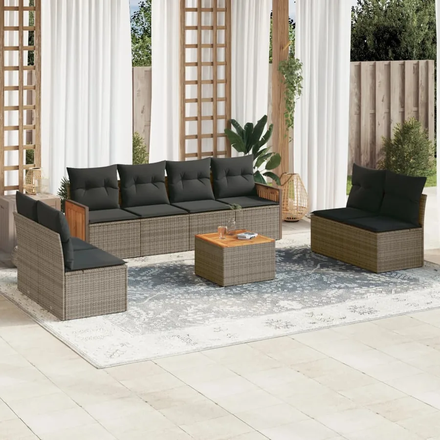 Salon de jardin 9 pcs avec coussins gris résine tressée