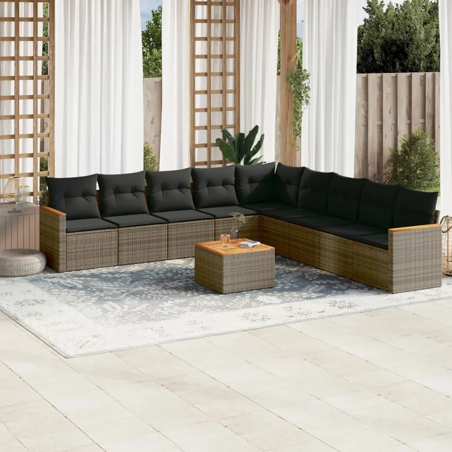 Salon de jardin avec coussins 10 pcs gris résine tressée