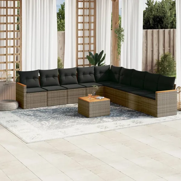 Salon de jardin avec coussins 10 pcs gris résine tressée