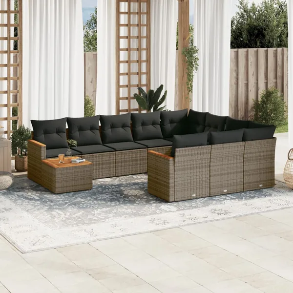 Salon de jardin 11 pcs avec coussins gris résine tressée