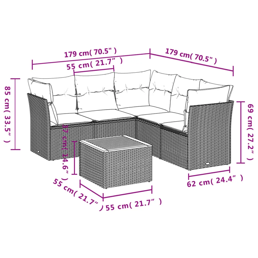 Salon de jardin 6 pcs avec coussins gris résine tressée - 3