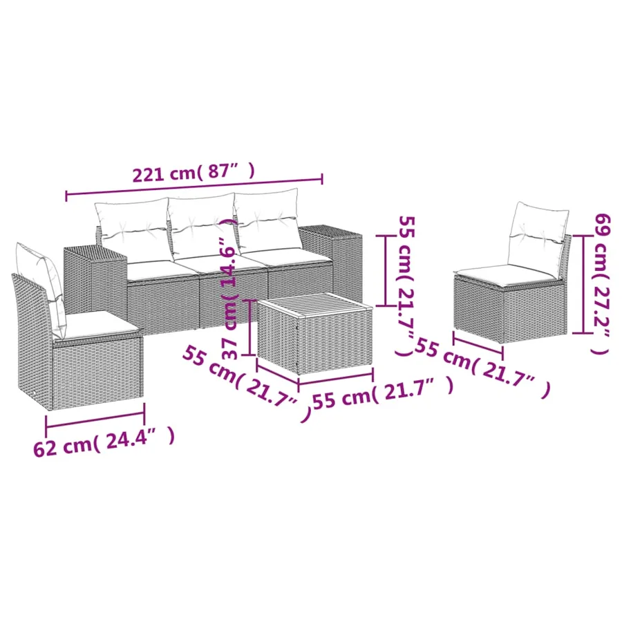 Salon de jardin 6 pcs avec coussins gris résine tressée - 3