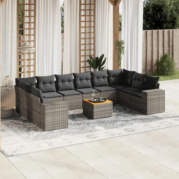 Salon de jardin 11 pcs avec coussins gris résine tressée