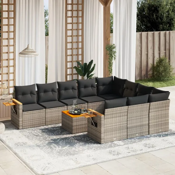 Salon de jardin 11 pcs avec coussins gris résine tressée
