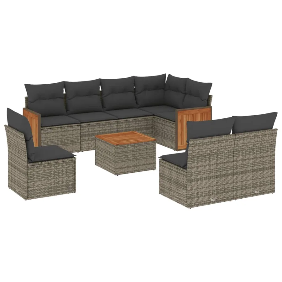 Salon de jardin 9 pcs avec coussins gris résine tressée - 2
