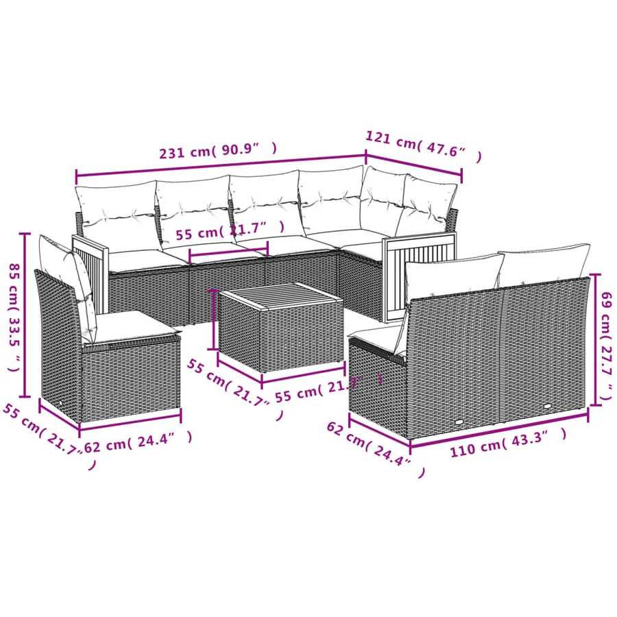 Salon de jardin 9 pcs avec coussins gris résine tressée - 8