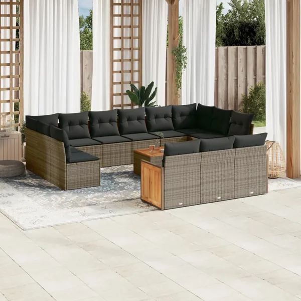 Salon de jardin avec coussins 14 pcs gris résine tressée