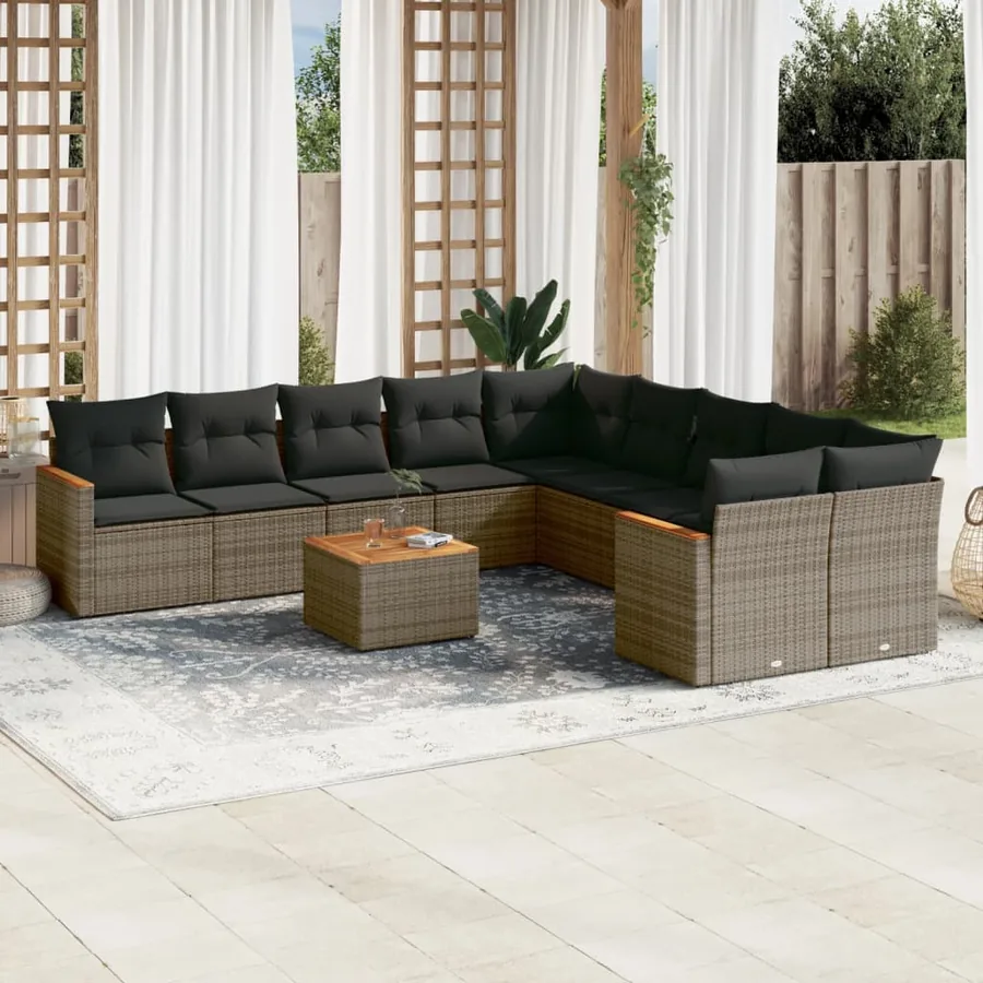 Salon de jardin 11 pcs avec coussins gris résine tressée