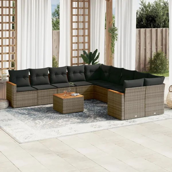 Salon de jardin 11 pcs avec coussins gris résine tressée