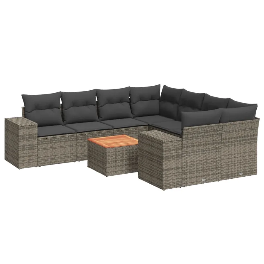 Salon de jardin 9 pcs avec coussins gris résine tressée - 2