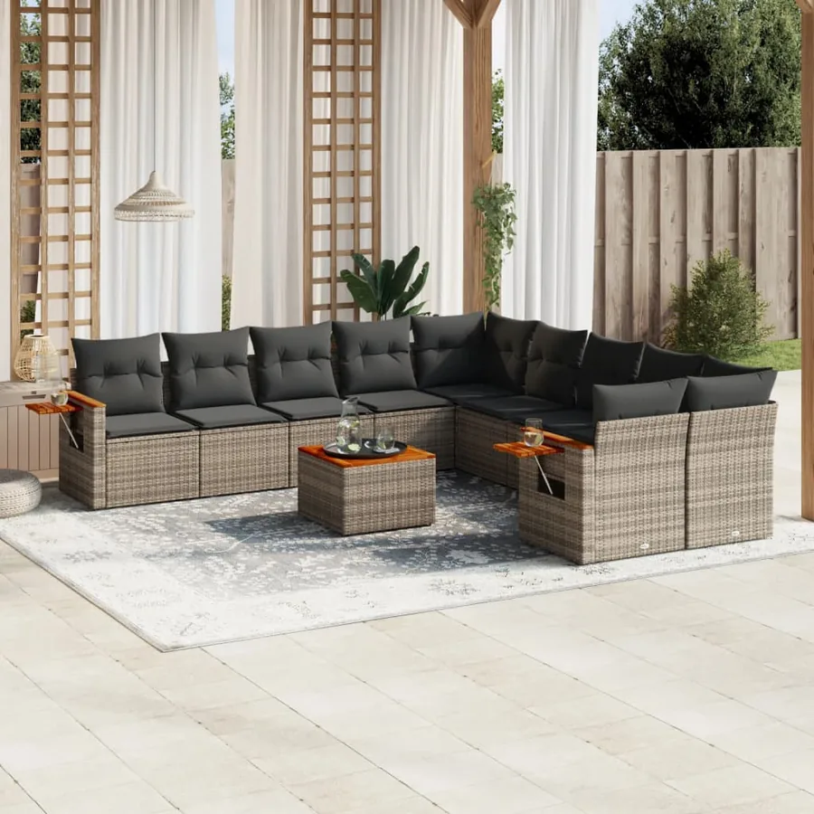 Salon de jardin 11 pcs avec coussins gris résine tressée