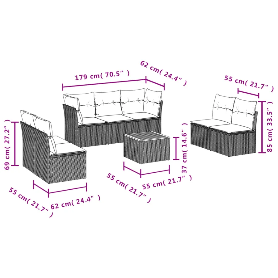 Salon de jardin 8 pcs avec coussins gris résine tressée - 3