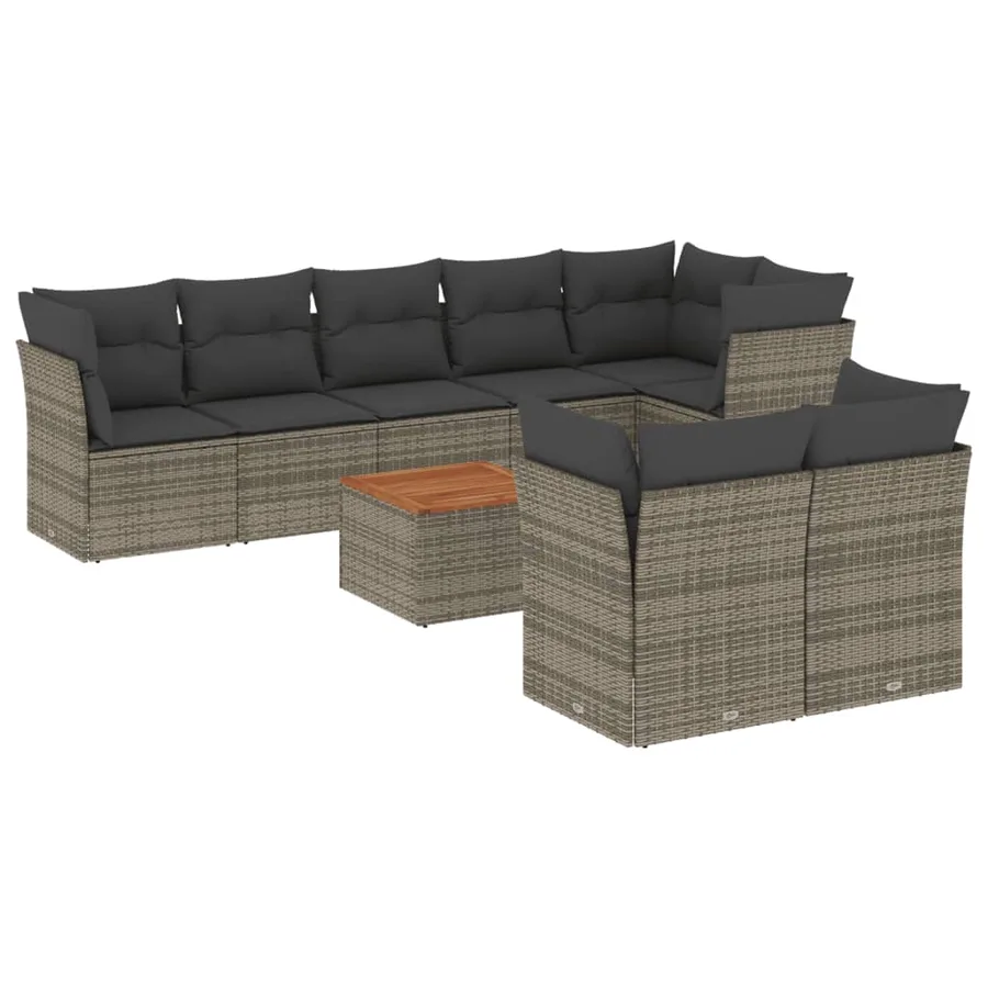 Salon de jardin 9 pcs avec coussins gris résine tressée - 2
