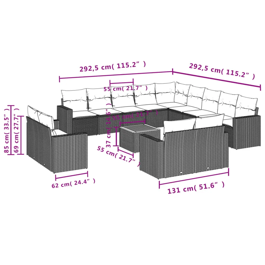 Salon de jardin avec coussins 14 pcs gris résine tressée - 3