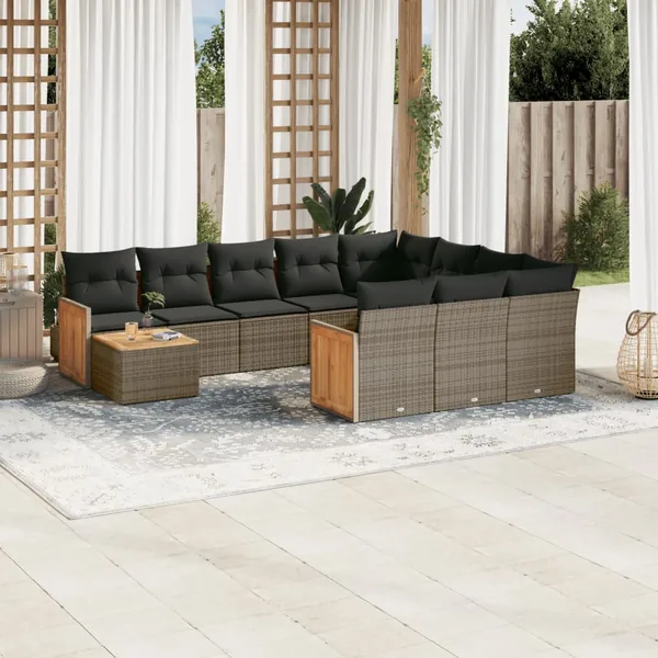 Salon de jardin 11 pcs avec coussins gris résine tressée