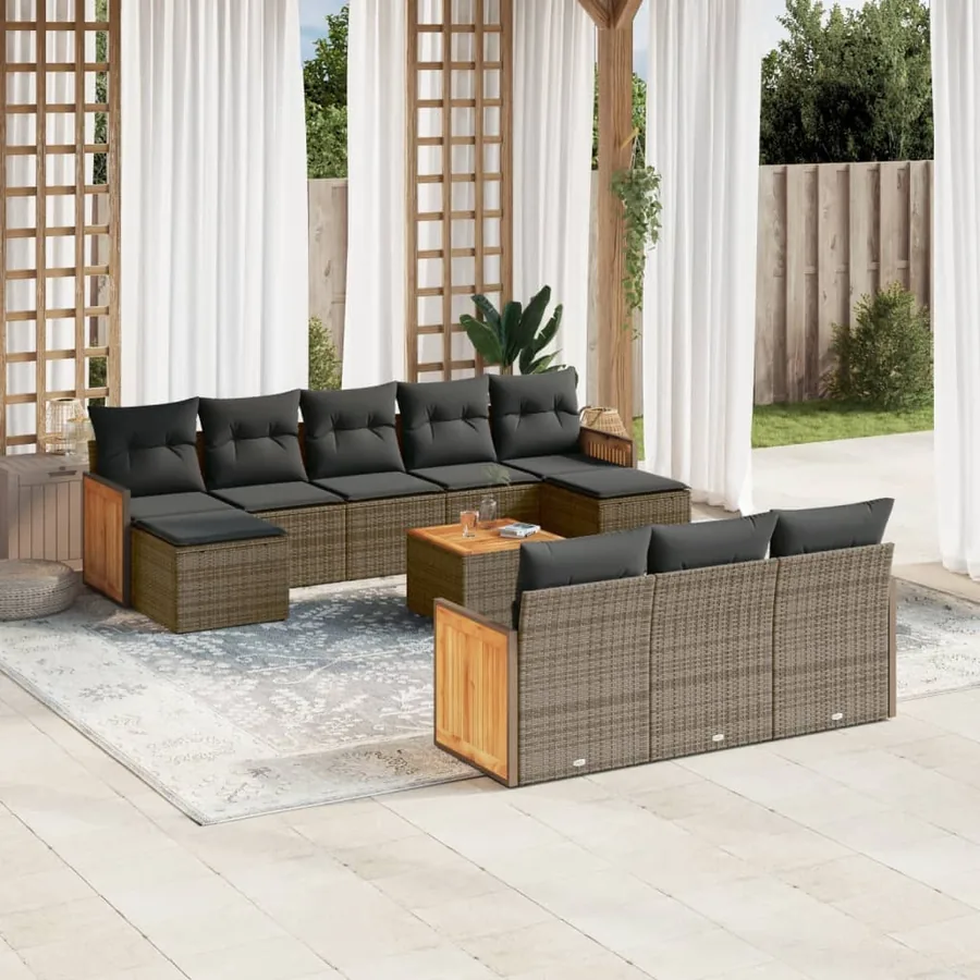 Salon de jardin 11 pcs avec coussins gris résine tressée