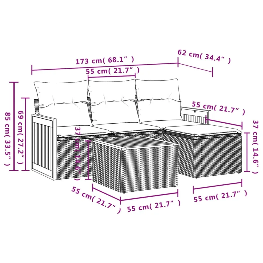 Salon de jardin 5 pcs avec coussins gris résine tressée - 19