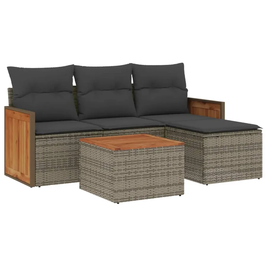 Salon de jardin 5 pcs avec coussins gris résine tressée - 2