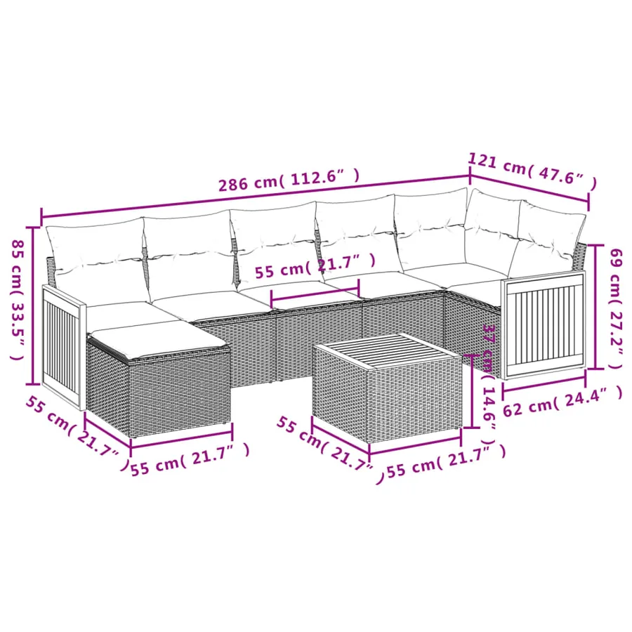 Salon de jardin 8 pcs avec coussins gris résine tressée - 9