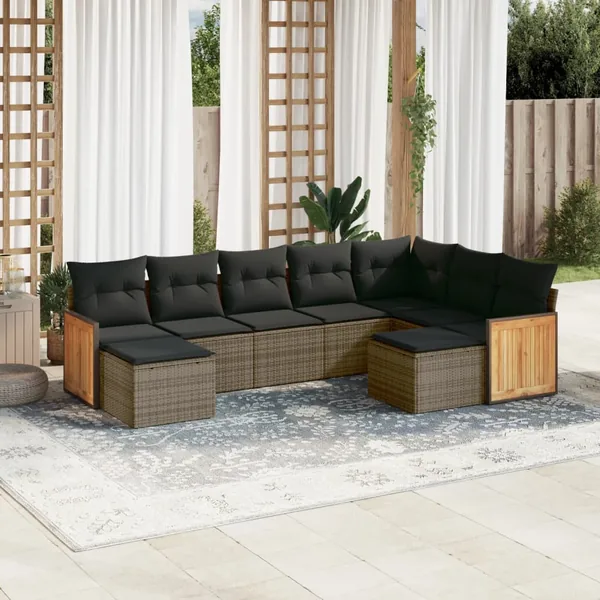 Salon de jardin 9 pcs avec coussins gris résine tressée
