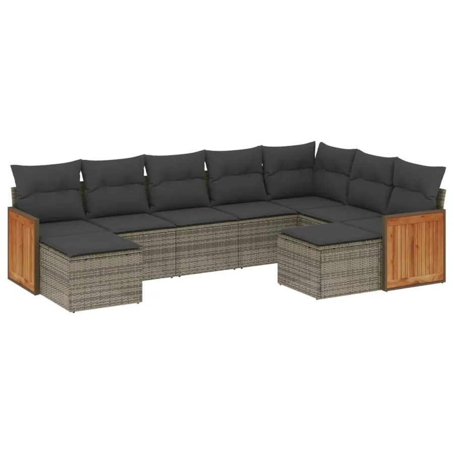 Salon de jardin 9 pcs avec coussins gris résine tressée - 2