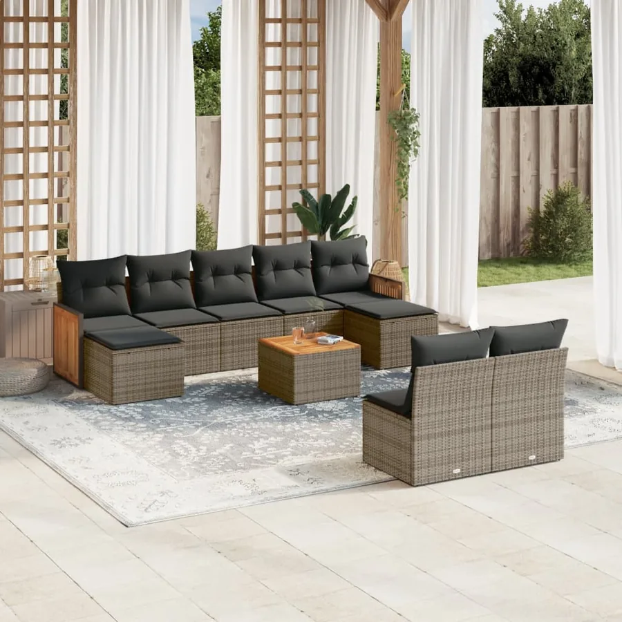 Salon de jardin avec coussins 10 pcs gris résine tressée