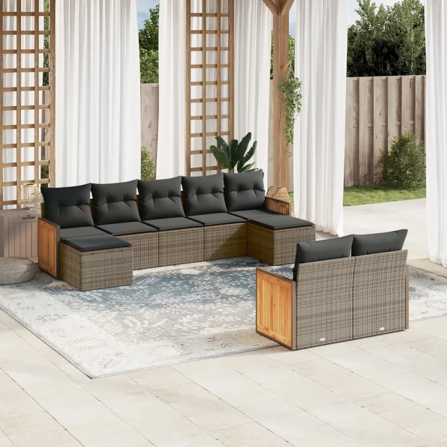 Salon de jardin 9 pcs avec coussins gris résine tressée