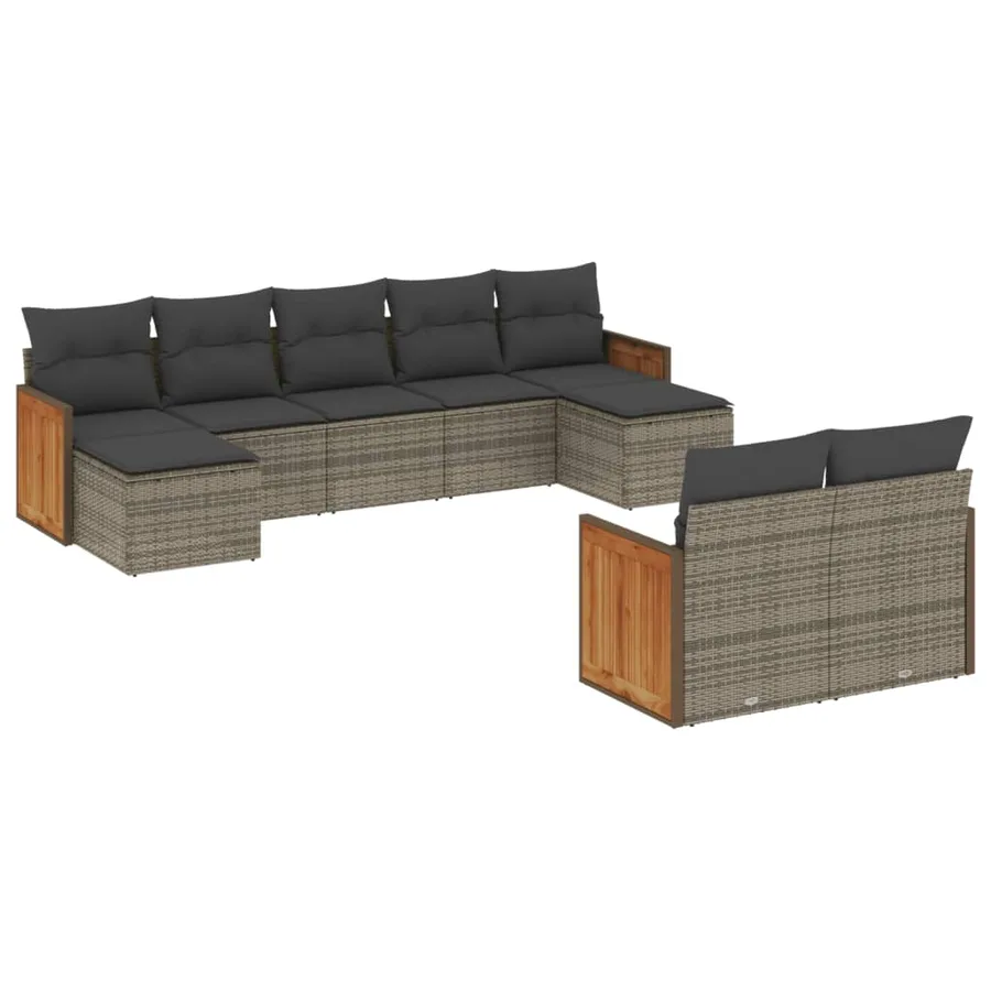 Salon de jardin 9 pcs avec coussins gris résine tressée - 2