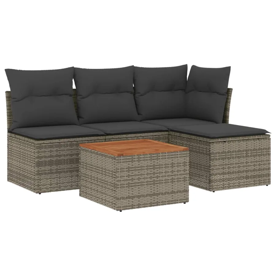 Salon de jardin 5 pcs avec coussins gris résine tressée - 2