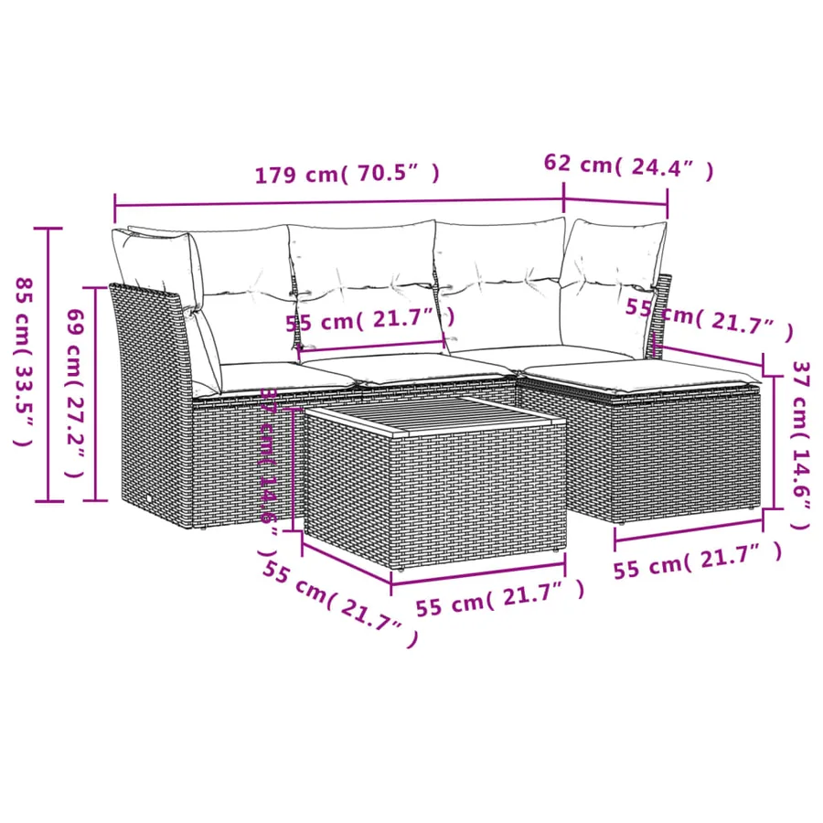Salon de jardin 5 pcs avec coussins gris résine tressée - 3