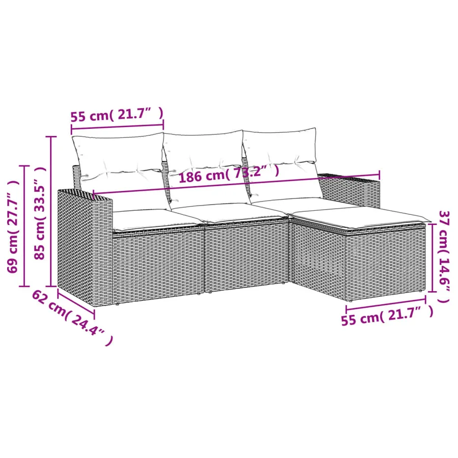 Salon de jardin 4 pcs avec coussins gris résine tressée - 3