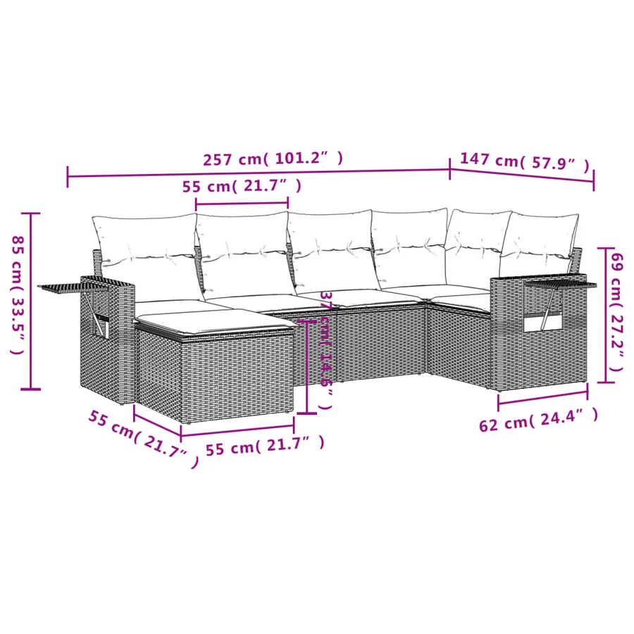 Salon de jardin 6 pcs avec coussins gris résine tressée - 9