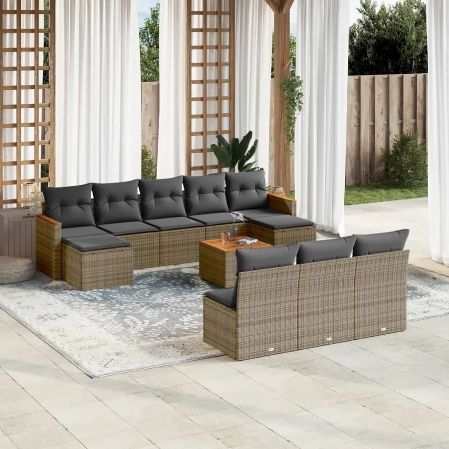 Salon de jardin 11 pcs avec coussins gris résine tressée