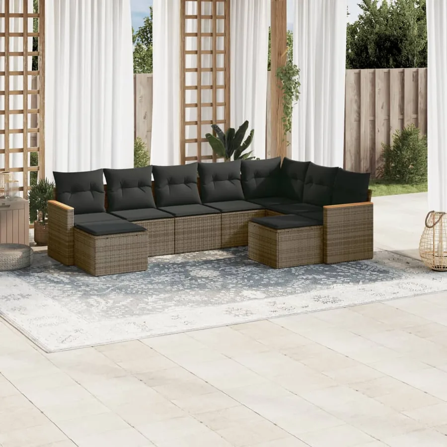 Salon de jardin 9 pcs avec coussins gris résine tressée